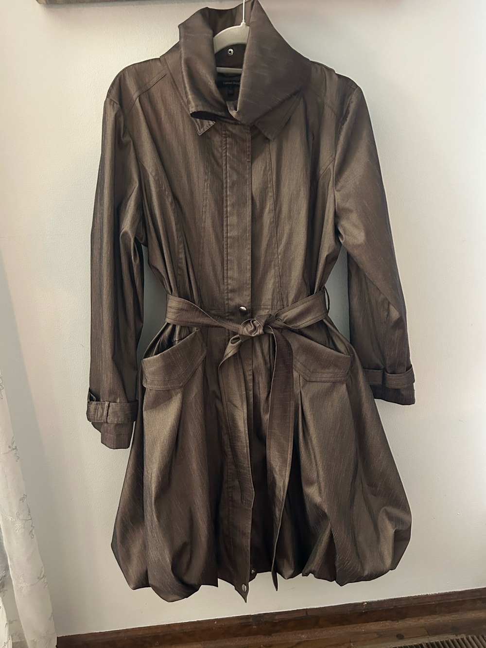 Samuel Dong Brown Bronze  Bubble-Hem Dress Coat with Belt